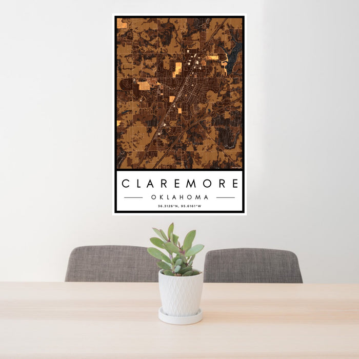 24x36 Claremore Oklahoma Map Print Portrait Orientation in Ember Style Behind 2 Chairs Table and Potted Plant