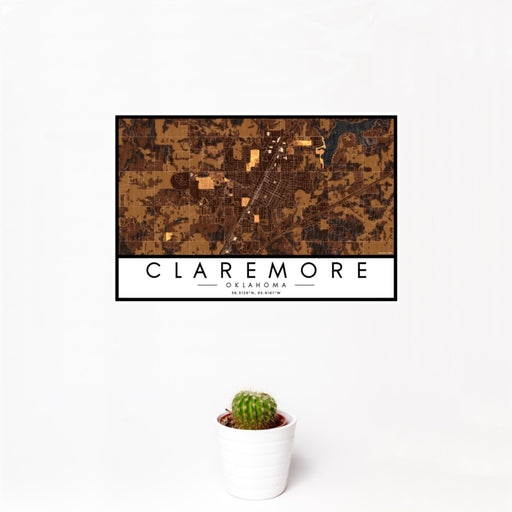 12x18 Claremore Oklahoma Map Print Landscape Orientation in Ember Style With Small Cactus Plant in White Planter