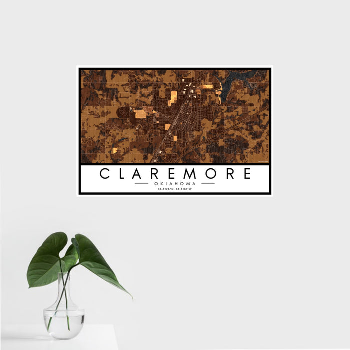 16x24 Claremore Oklahoma Map Print Landscape Orientation in Ember Style With Tropical Plant Leaves in Water