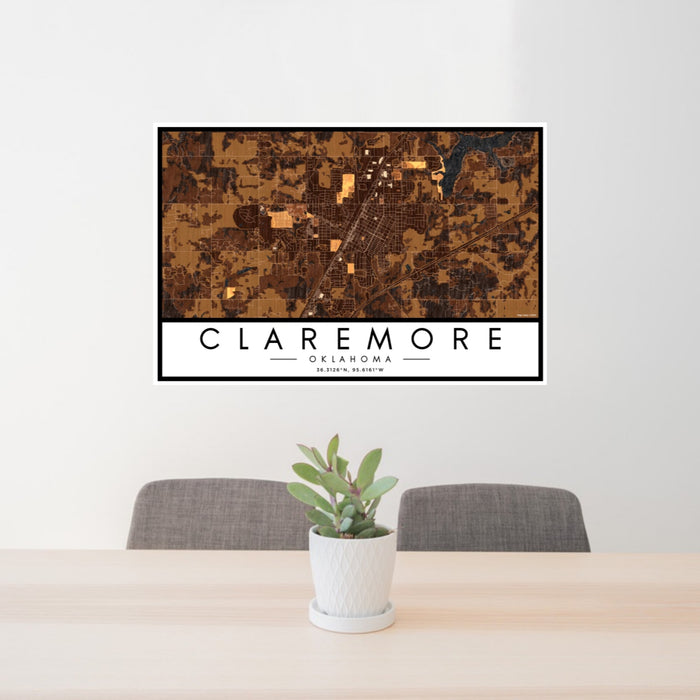 24x36 Claremore Oklahoma Map Print Landscape Orientation in Ember Style Behind 2 Chairs Table and Potted Plant
