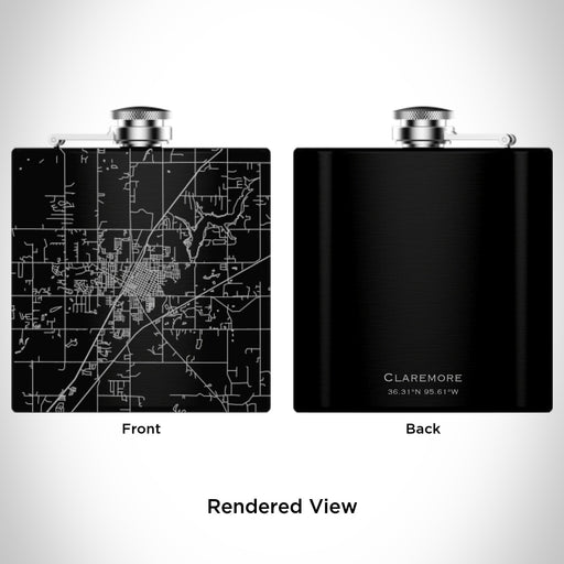 Rendered View of Claremore Oklahoma Map Engraving on 6oz Stainless Steel Flask in Black