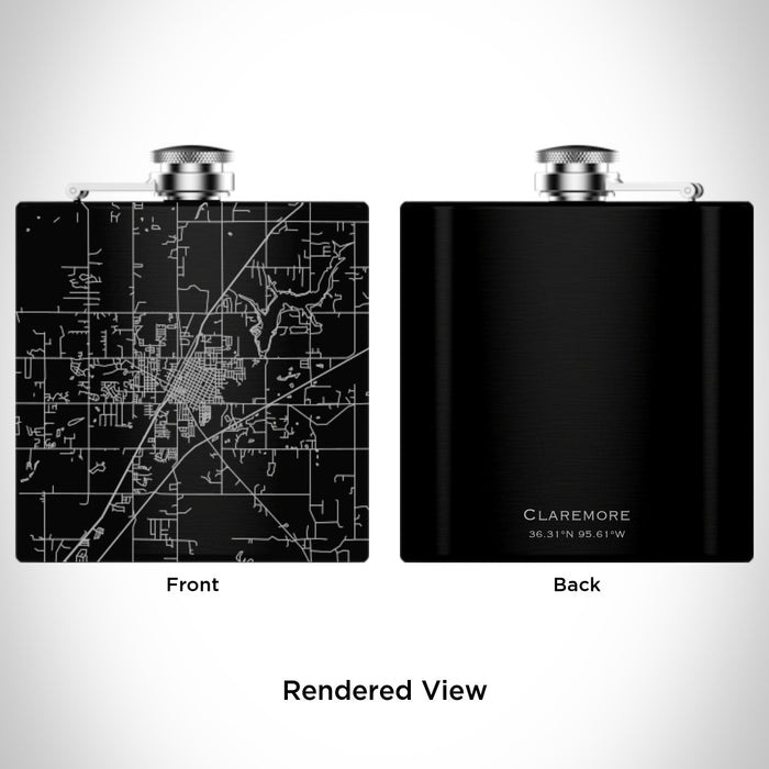 Rendered View of Claremore Oklahoma Map Engraving on 6oz Stainless Steel Flask in Black
