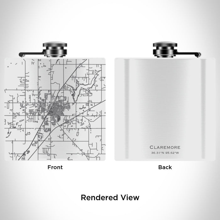 Rendered View of Claremore Oklahoma Map Engraving on 6oz Stainless Steel Flask in White