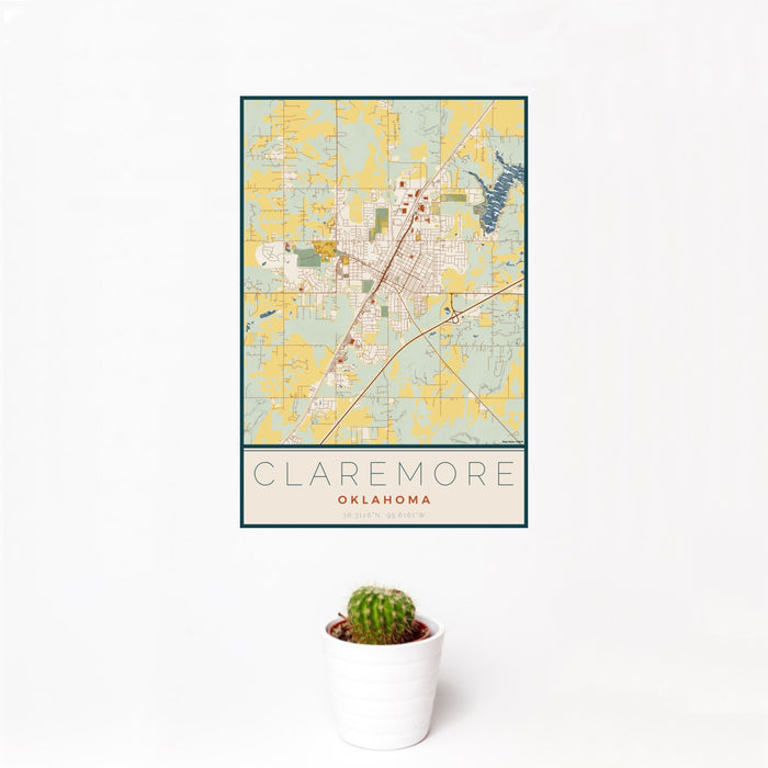 12x18 Claremore Oklahoma Map Print Portrait Orientation in Woodblock Style With Small Cactus Plant in White Planter