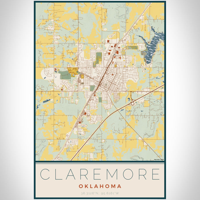 Claremore Oklahoma Map Print Portrait Orientation in Woodblock Style With Shaded Background