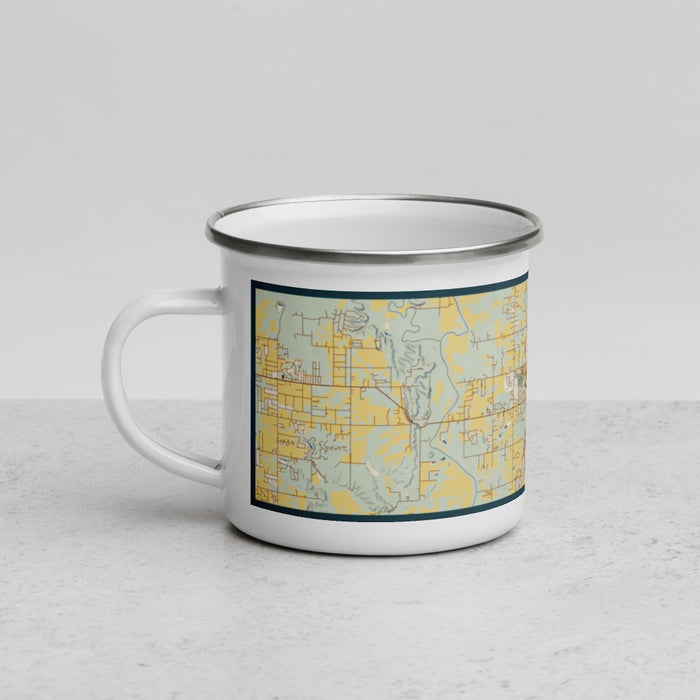 Left View Custom Claremore Oklahoma Map Enamel Mug in Woodblock