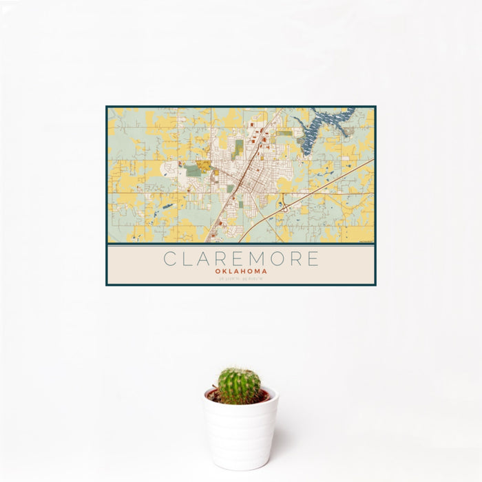 12x18 Claremore Oklahoma Map Print Landscape Orientation in Woodblock Style With Small Cactus Plant in White Planter