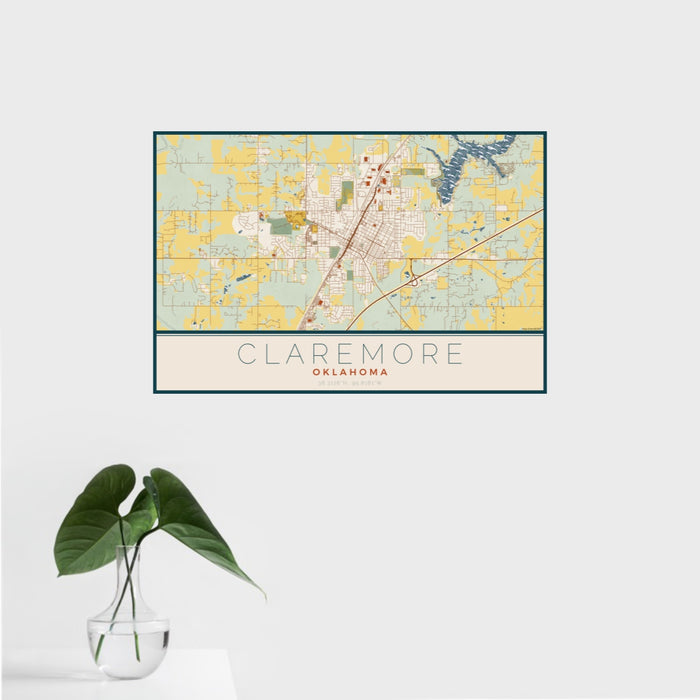 16x24 Claremore Oklahoma Map Print Landscape Orientation in Woodblock Style With Tropical Plant Leaves in Water
