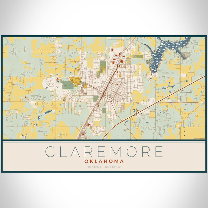 Claremore Oklahoma Map Print Landscape Orientation in Woodblock Style With Shaded Background