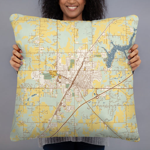 Person holding 22x22 Custom Claremore Oklahoma Map Throw Pillow in Woodblock