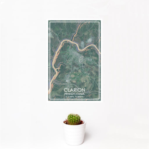 12x18 Clarion Pennsylvania Map Print Portrait Orientation in Afternoon Style With Small Cactus Plant in White Planter