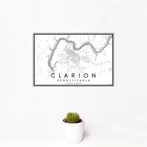 12x18 Clarion Pennsylvania Map Print Landscape Orientation in Classic Style With Small Cactus Plant in White Planter
