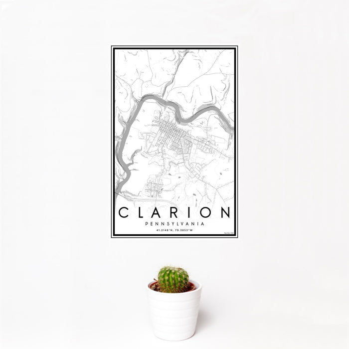 12x18 Clarion Pennsylvania Map Print Portrait Orientation in Classic Style With Small Cactus Plant in White Planter