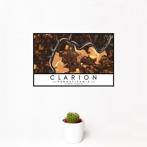 12x18 Clarion Pennsylvania Map Print Landscape Orientation in Ember Style With Small Cactus Plant in White Planter