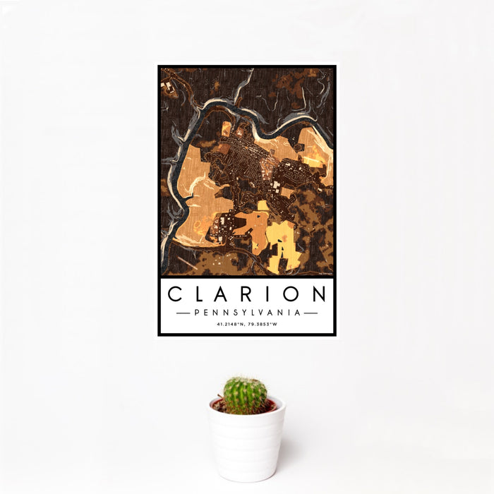12x18 Clarion Pennsylvania Map Print Portrait Orientation in Ember Style With Small Cactus Plant in White Planter