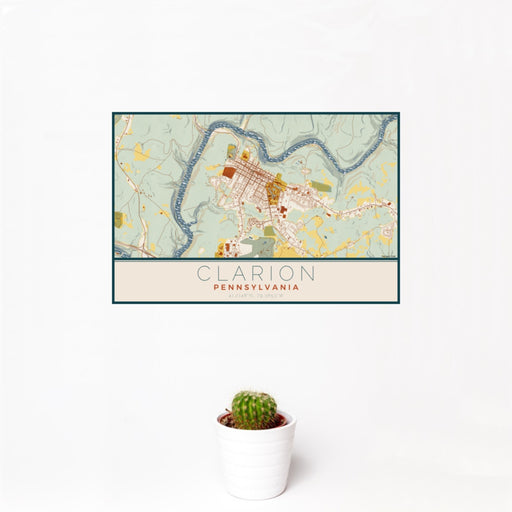12x18 Clarion Pennsylvania Map Print Landscape Orientation in Woodblock Style With Small Cactus Plant in White Planter