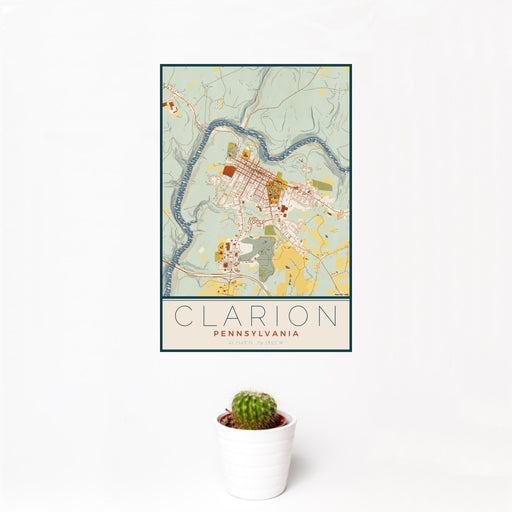 12x18 Clarion Pennsylvania Map Print Portrait Orientation in Woodblock Style With Small Cactus Plant in White Planter
