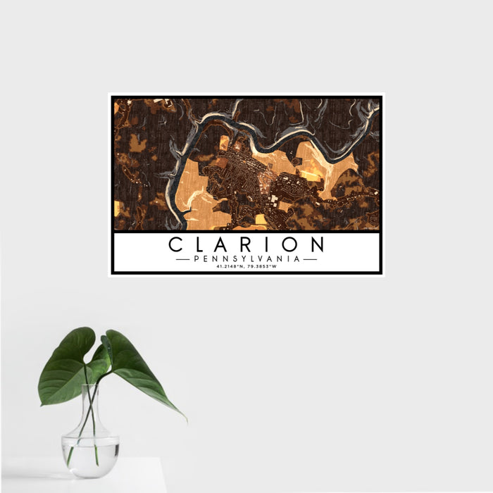 16x24 Clarion Pennsylvania Map Print Landscape Orientation in Ember Style With Tropical Plant Leaves in Water