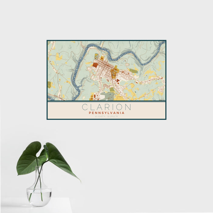 16x24 Clarion Pennsylvania Map Print Landscape Orientation in Woodblock Style With Tropical Plant Leaves in Water