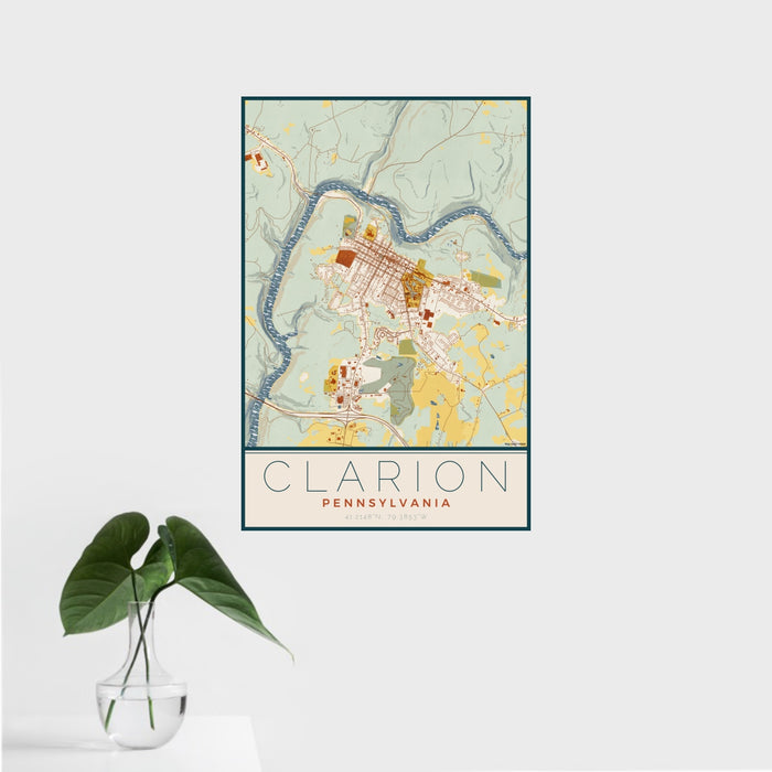 16x24 Clarion Pennsylvania Map Print Portrait Orientation in Woodblock Style With Tropical Plant Leaves in Water