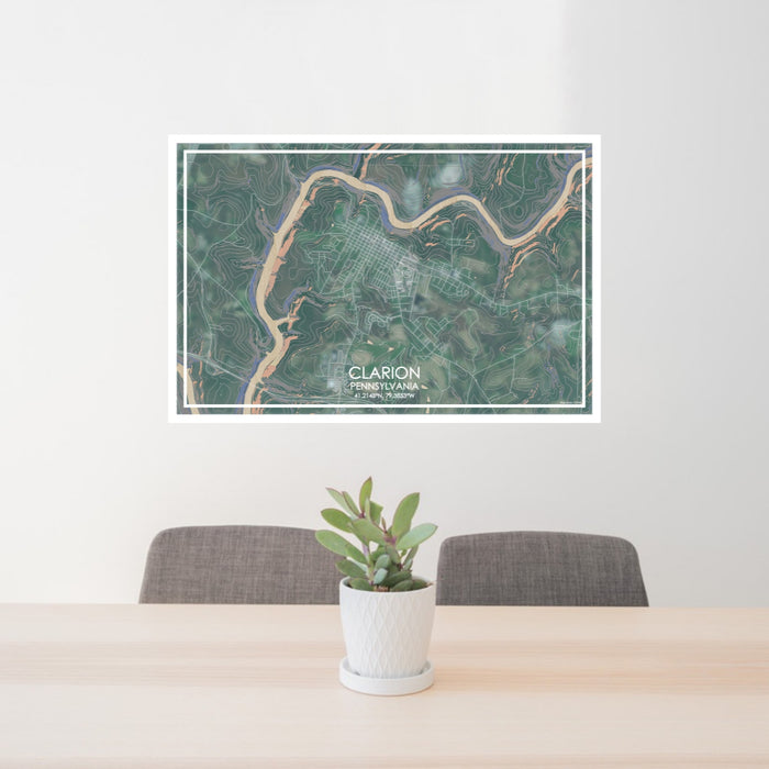 24x36 Clarion Pennsylvania Map Print Lanscape Orientation in Afternoon Style Behind 2 Chairs Table and Potted Plant