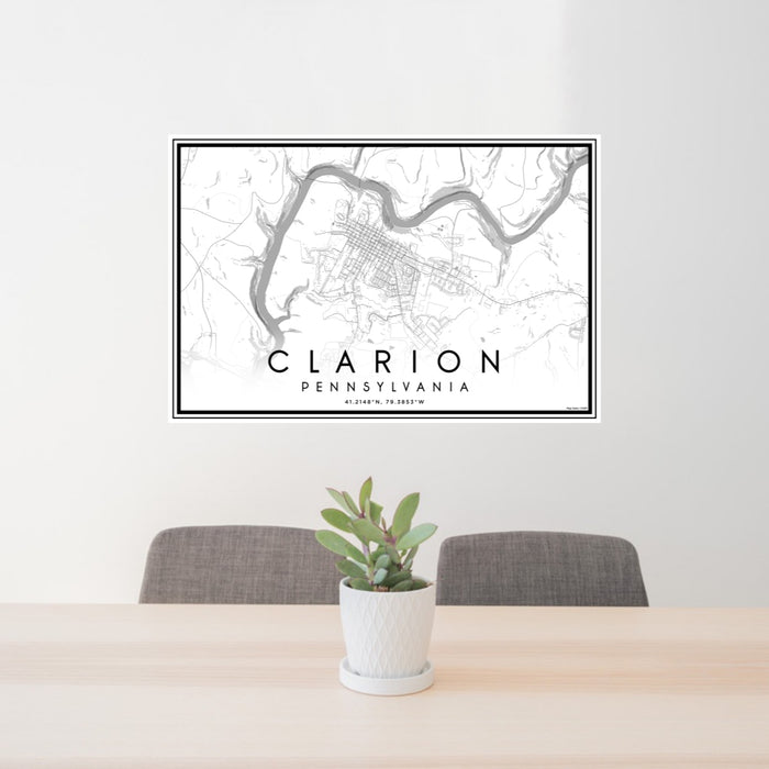 24x36 Clarion Pennsylvania Map Print Lanscape Orientation in Classic Style Behind 2 Chairs Table and Potted Plant