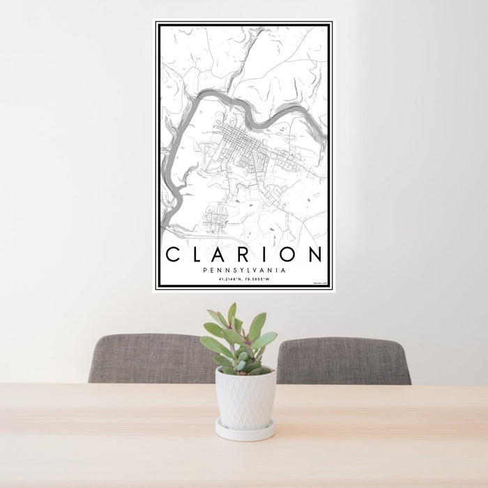 24x36 Clarion Pennsylvania Map Print Portrait Orientation in Classic Style Behind 2 Chairs Table and Potted Plant