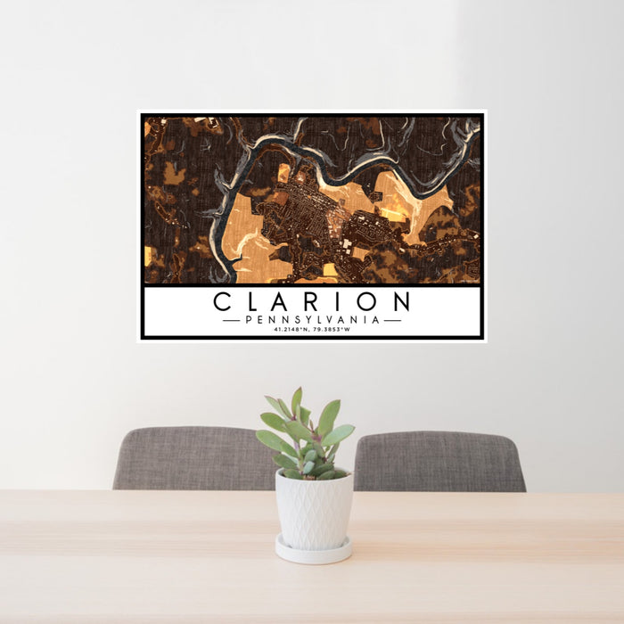 24x36 Clarion Pennsylvania Map Print Lanscape Orientation in Ember Style Behind 2 Chairs Table and Potted Plant