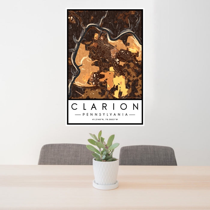 24x36 Clarion Pennsylvania Map Print Portrait Orientation in Ember Style Behind 2 Chairs Table and Potted Plant