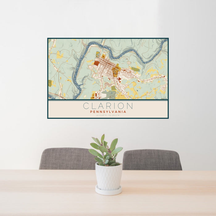 24x36 Clarion Pennsylvania Map Print Lanscape Orientation in Woodblock Style Behind 2 Chairs Table and Potted Plant