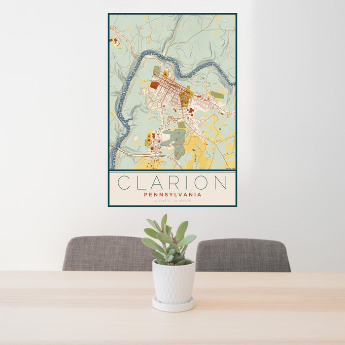 24x36 Clarion Pennsylvania Map Print Portrait Orientation in Woodblock Style Behind 2 Chairs Table and Potted Plant