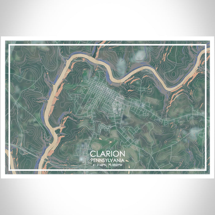 Clarion Pennsylvania Map Print Landscape Orientation in Afternoon Style With Shaded Background
