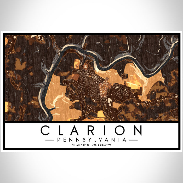 Clarion Pennsylvania Map Print Landscape Orientation in Ember Style With Shaded Background