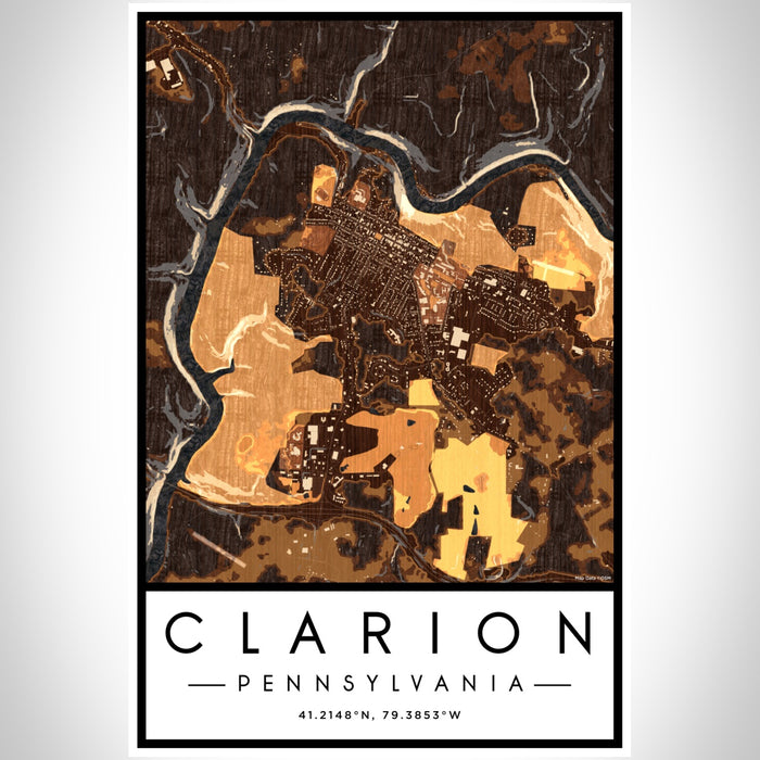 Clarion Pennsylvania Map Print Portrait Orientation in Ember Style With Shaded Background