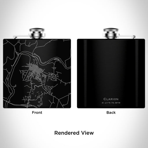 Rendered View of Clarion Pennsylvania Map Engraving on 6oz Stainless Steel Flask in Black