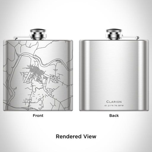 Rendered View of Clarion Pennsylvania Map Engraving on 6oz Stainless Steel Flask