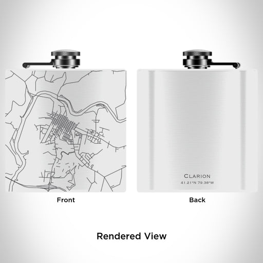 Rendered View of Clarion Pennsylvania Map Engraving on 6oz Stainless Steel Flask in White