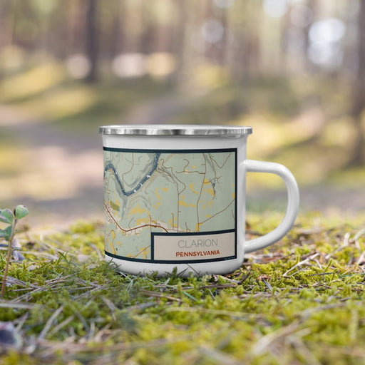 Right View Custom Clarion Pennsylvania Map Enamel Mug in Woodblock on Grass With Trees in Background