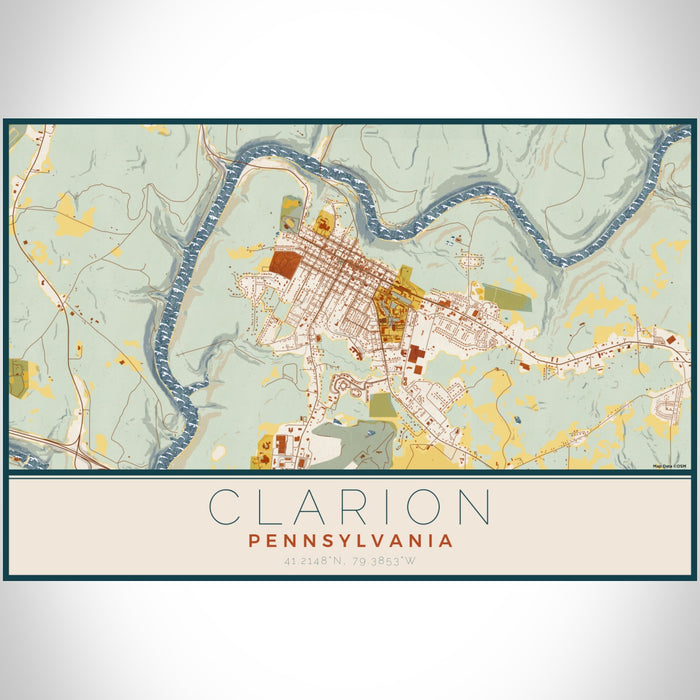 Clarion Pennsylvania Map Print Landscape Orientation in Woodblock Style With Shaded Background