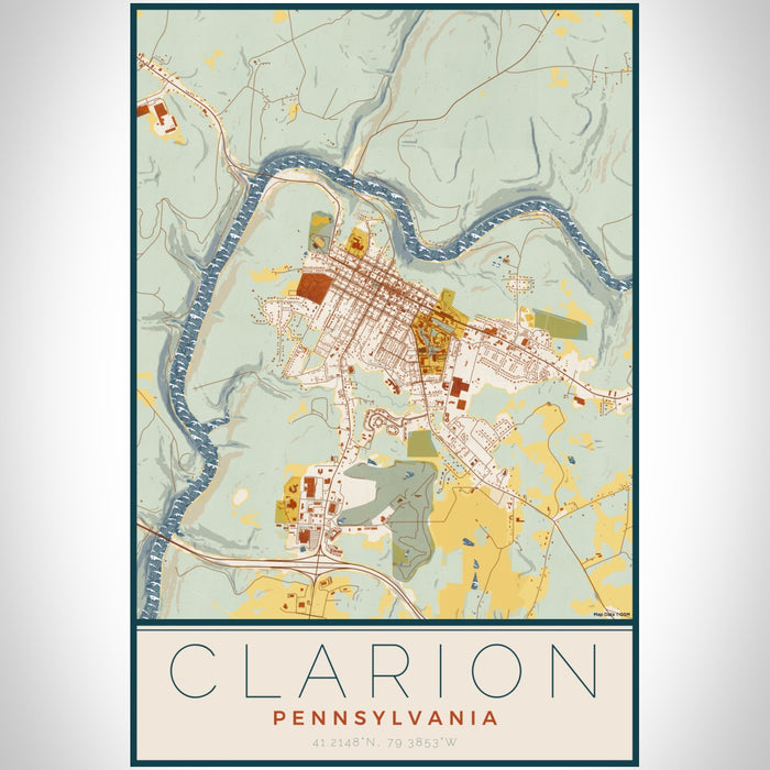 Clarion Pennsylvania Map Print Portrait Orientation in Woodblock Style With Shaded Background