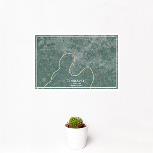 12x18 Clarksville Tennessee Map Print Landscape Orientation in Afternoon Style With Small Cactus Plant in White Planter