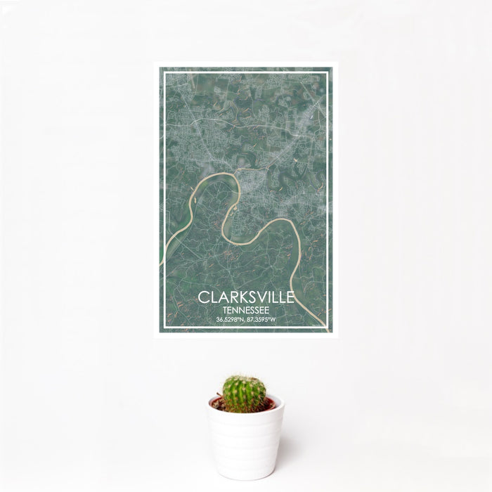 12x18 Clarksville Tennessee Map Print Portrait Orientation in Afternoon Style With Small Cactus Plant in White Planter