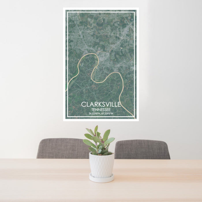 24x36 Clarksville Tennessee Map Print Portrait Orientation in Afternoon Style Behind 2 Chairs Table and Potted Plant