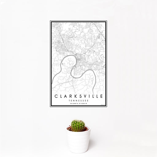 12x18 Clarksville Tennessee Map Print Portrait Orientation in Classic Style With Small Cactus Plant in White Planter