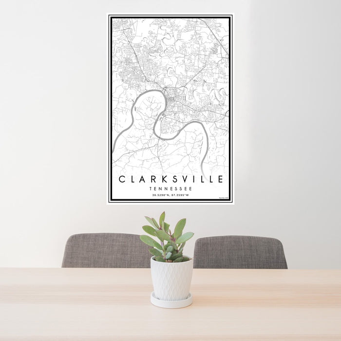 24x36 Clarksville Tennessee Map Print Portrait Orientation in Classic Style Behind 2 Chairs Table and Potted Plant