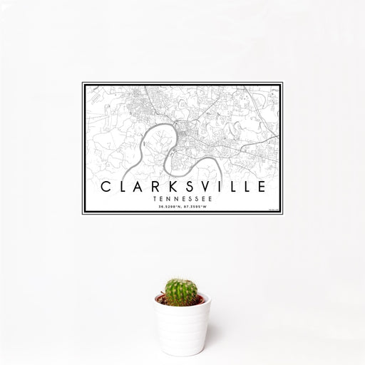 12x18 Clarksville Tennessee Map Print Landscape Orientation in Classic Style With Small Cactus Plant in White Planter