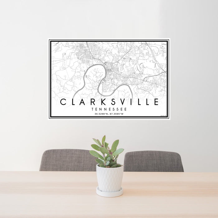 24x36 Clarksville Tennessee Map Print Landscape Orientation in Classic Style Behind 2 Chairs Table and Potted Plant