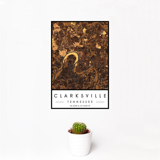 12x18 Clarksville Tennessee Map Print Portrait Orientation in Ember Style With Small Cactus Plant in White Planter