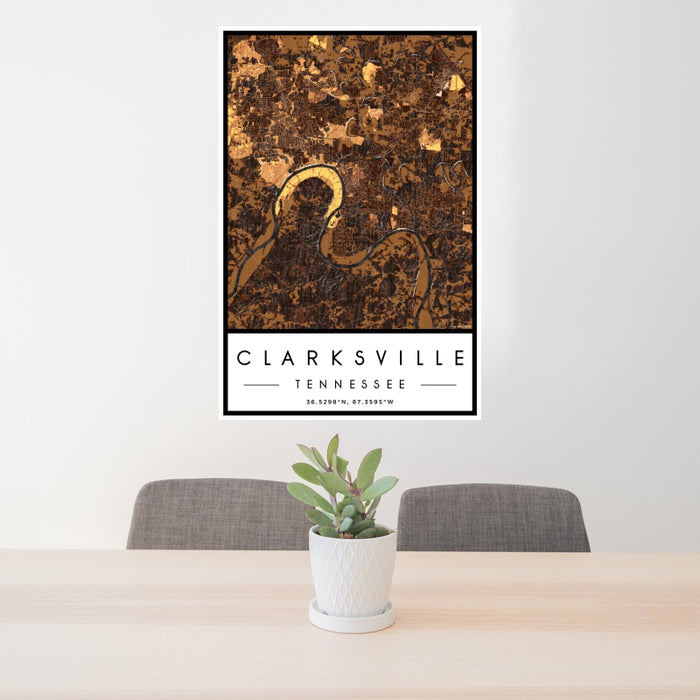24x36 Clarksville Tennessee Map Print Portrait Orientation in Ember Style Behind 2 Chairs Table and Potted Plant