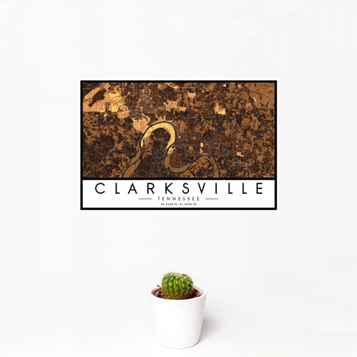 12x18 Clarksville Tennessee Map Print Landscape Orientation in Ember Style With Small Cactus Plant in White Planter